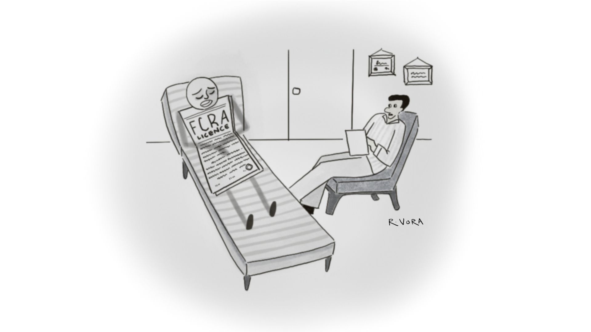 a cartoon depicting an anthropomorphized FCRA licence in therapy