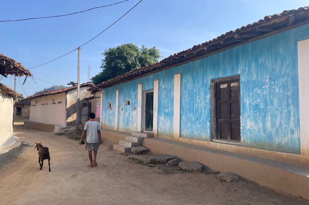 a child walking with a goat in a village-adivasi livelihood